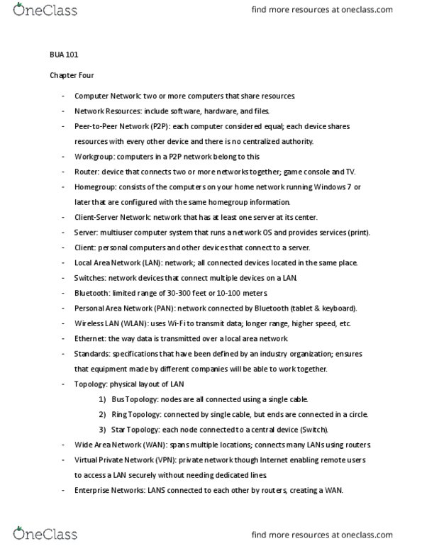 BUA 101 Chapter Notes - Chapter 4: Personal Area Network, Local Area Network, Virtual Private Network thumbnail