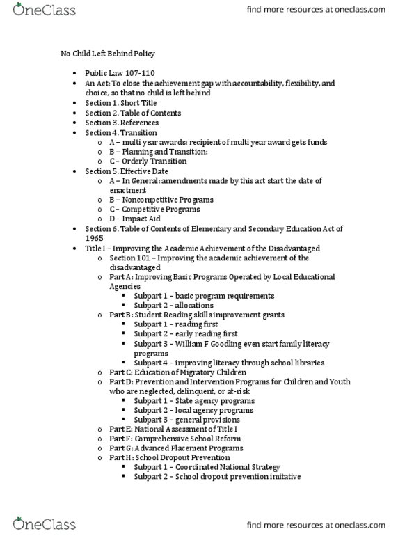 SOC 105 Lecture Notes - Lecture 11: Family Literacy, Elementary And Secondary Education Act, Choice Provisions thumbnail