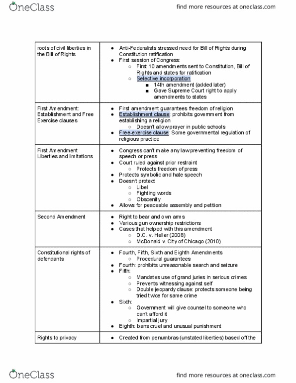 PSC 105 Lecture Notes - Lecture 4: Double Jeopardy, Establishment Clause, First Amendment To The United States Constitution thumbnail