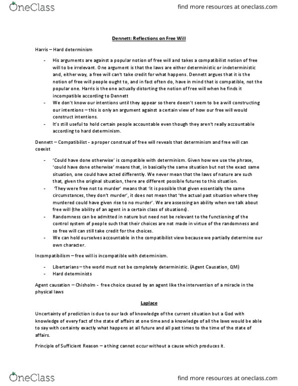 Philosophy 1130F/G Lecture Notes - Lecture 3: Compatibilism, Hard Determinism, Incompatibilism thumbnail