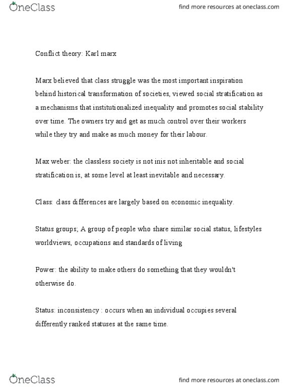 SOCA03Y3 Chapter Notes - Chapter 5.6: Social Stratification, Class Conflict, Conflict Theories thumbnail