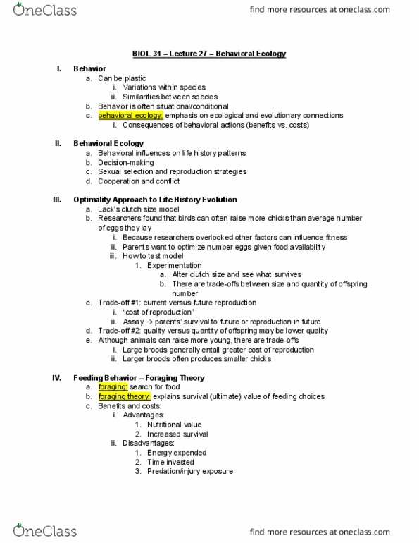 BIOL 031 Lecture Notes - Lecture 27: Optimal Foraging Theory, Behavioral Ecology, Sexual Selection thumbnail