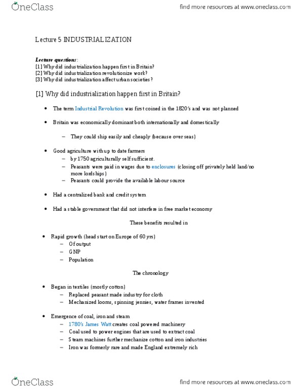 HIST 106 Lecture Notes - Lecture 5: Spinning Jenny, Water Frame, Thomas Robert Malthus thumbnail