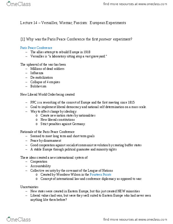 HIST 106 Lecture Notes - Lecture 14: Weimar Coalition, Weimar Constitution, Dawes Plan thumbnail