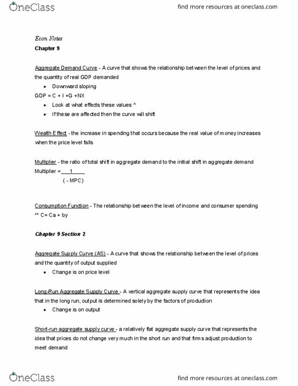 EC 202 Chapter Notes - Chapter 9: Aggregate Supply, Aggregate Demand, Longrun thumbnail
