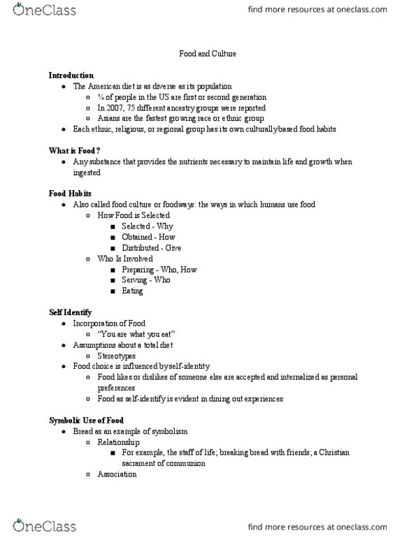 NUTR-2160 Lecture Notes - Lecture 5: Food Choice, Enculturation, White Bread thumbnail