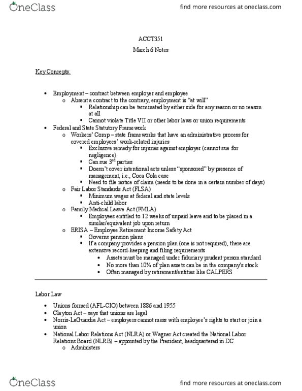 ACCT351 Lecture Notes - Lecture 6: Family And Medical Leave Act Of 1993, Fair Labor Standards Act, Clayton Antitrust Act thumbnail