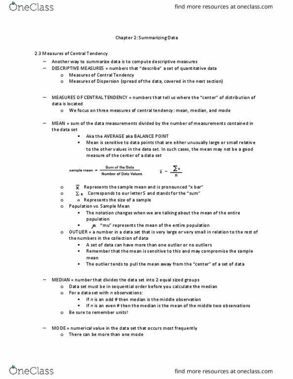 STAT 218 Chapter Notes - Chapter 2: Central Tendency, Data Set, Squared Deviations From The Mean thumbnail