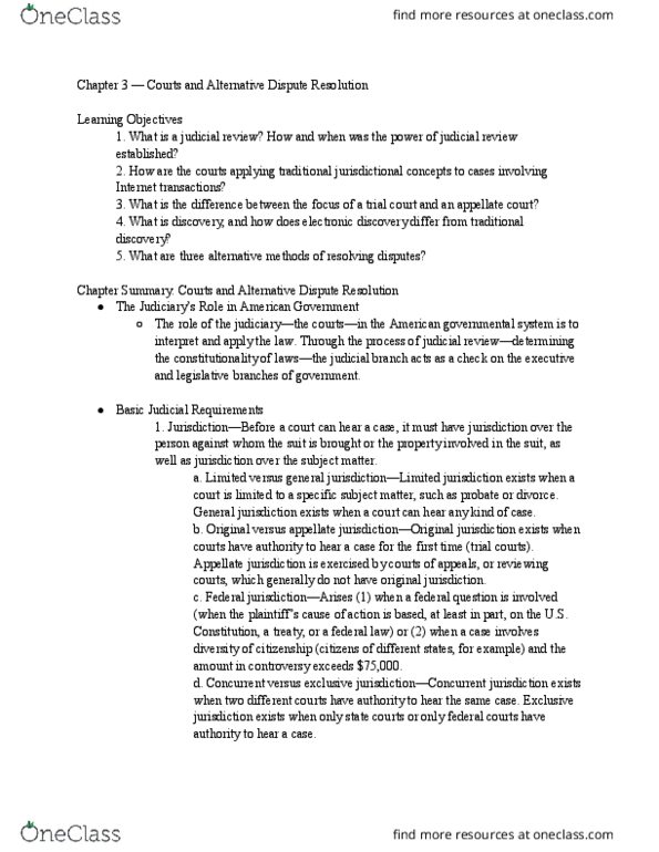 MGT 2106 Chapter Notes - Chapter 3: Alternative Dispute Resolution, Electronic Discovery, General Jurisdiction thumbnail