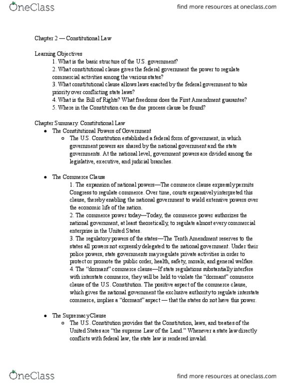 MGT 2106 Chapter Notes - Chapter 2: Dormant Commerce Clause, Commerce Clause, Supremacy Clause thumbnail