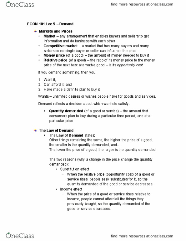 ECON101 Lecture Notes - Lecture 5: Relative Price, Opportunity Cost, Normal Good thumbnail