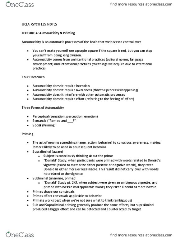 PSYCH 135 Lecture Notes - Lecture 4: Construals, Automaticity, Cognitive Load thumbnail