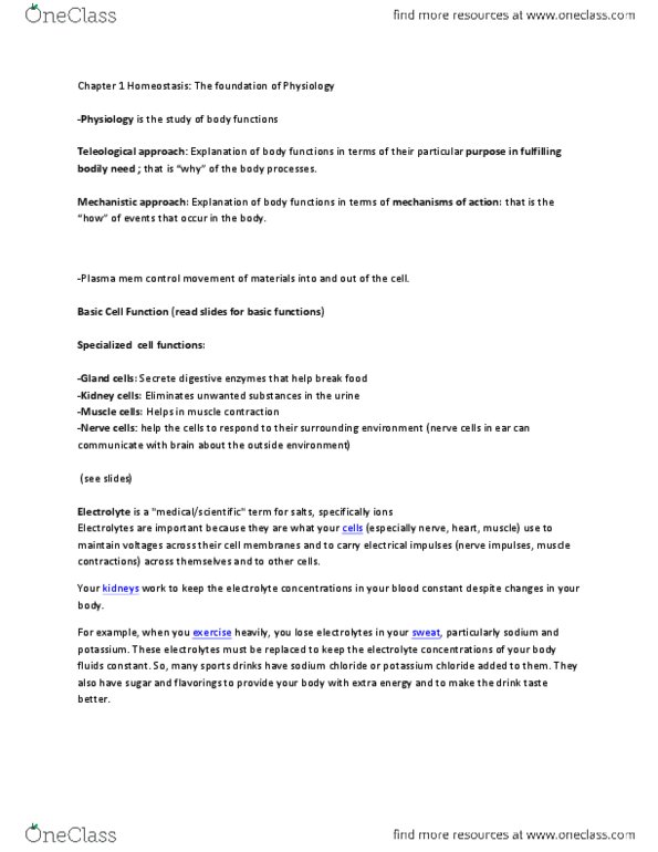 KINE 2011 Chapter Notes - Chapter 1: Homeostasis, Electrolyte, Potassium Chloride thumbnail