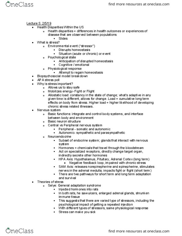 CAS PS 332 Lecture Notes - Lecture 5: Allostatic Load, Stress (Biology), Peripheral Nervous System thumbnail