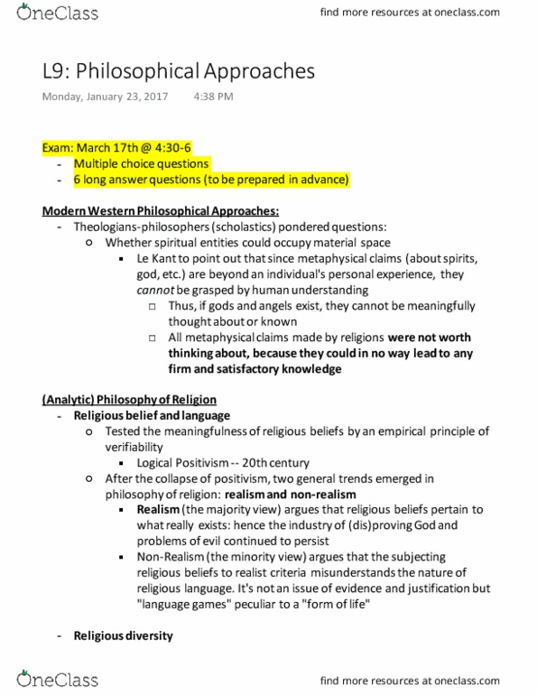 RELG 255 Lecture Notes - Lecture 9: Logical Positivism, Multiple Choice, Omnibenevolence thumbnail