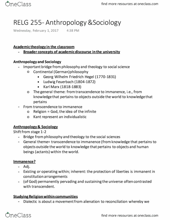 RELG 255 Lecture Notes - Lecture 3: Ludwig Feuerbach, Immanence thumbnail