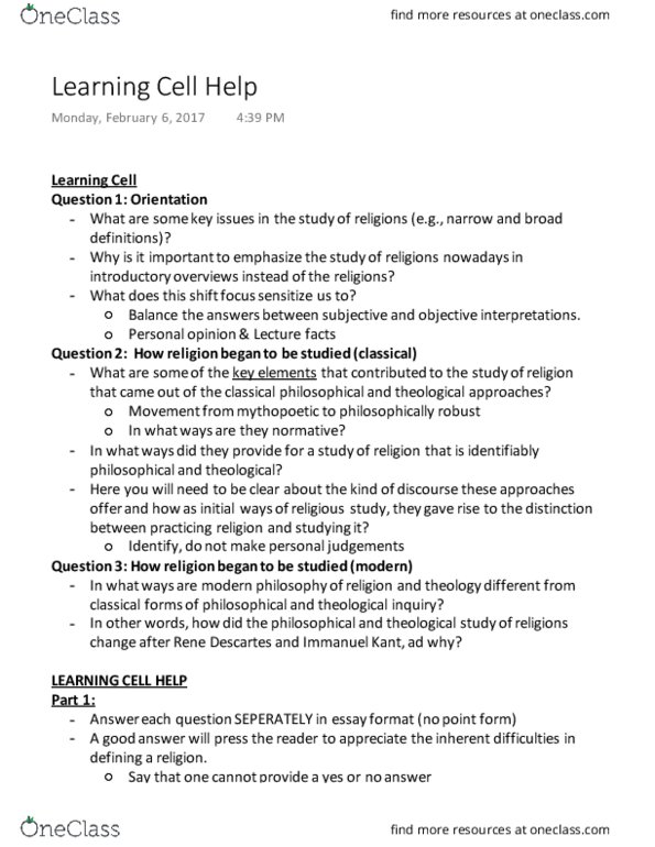 RELG 255 Lecture Notes - Lecture 2: Immanuel Kant, Scholasticism, Thesis Statement thumbnail