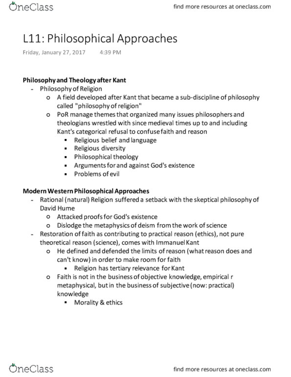 RELG 255 Lecture Notes - Lecture 11: Immanuel Kant, Philosophical Theology, Deism thumbnail