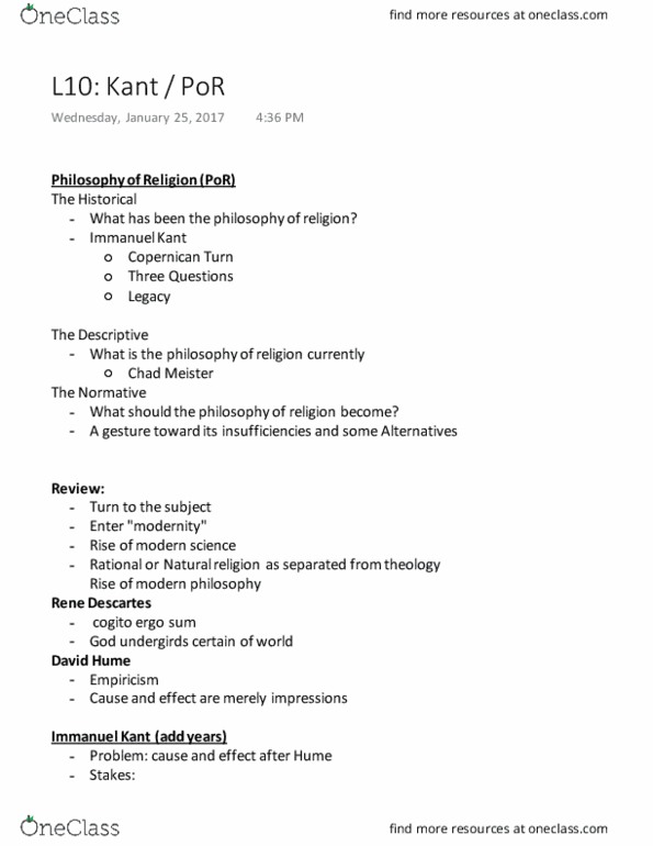 RELG 255 Lecture Notes - Lecture 10: Cogito Ergo Sum, Natural Religion, Empiricism thumbnail