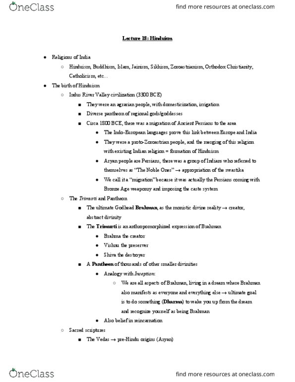 RELG 270 Lecture Notes - Lecture 18: Indus River, Trimurti, Achaemenid Empire thumbnail