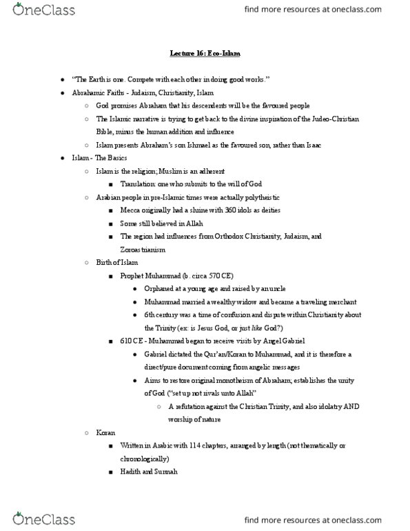 RELG 270 Lecture Notes - Lecture 16: Abrahamic Religions, Sunnah, Zoroastrianism thumbnail