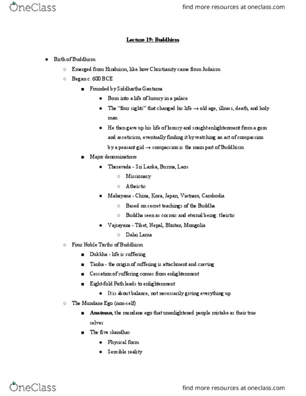 RELG 270 Lecture Notes - Lecture 19: Four Noble Truths, Gautama Buddha, Vajrayana thumbnail