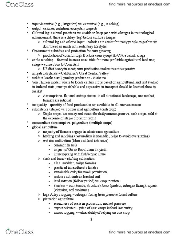 GEO 102 Chapter Notes - Chapter 3,4: High Fructose Corn Syrup, Corn Belt, Subsistence Agriculture thumbnail