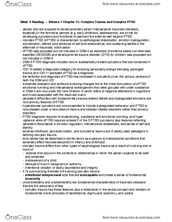 Psychology 3316F/G Chapter Notes - Chapter 15: Complex Post-Traumatic Stress Disorder, Emotional Dysregulation, Psychological Trauma thumbnail