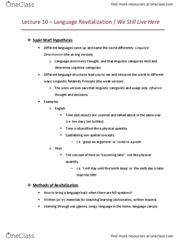 LIGN 8 Lecture Notes - Lecture 10: Language Revitalization, Determinism, Language Immersion thumbnail