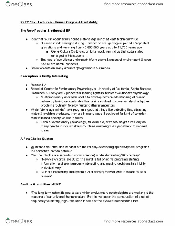 PSYC 385 Lecture Notes - Lecture 5: Tabula Rasa, Multidisciplinary Approach, Pleistocene thumbnail