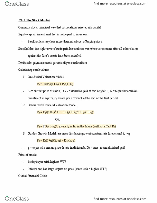 ECO349H1 Lecture Notes - Lecture 5: Dividend Discount Model, Stock Market, The Market Common thumbnail