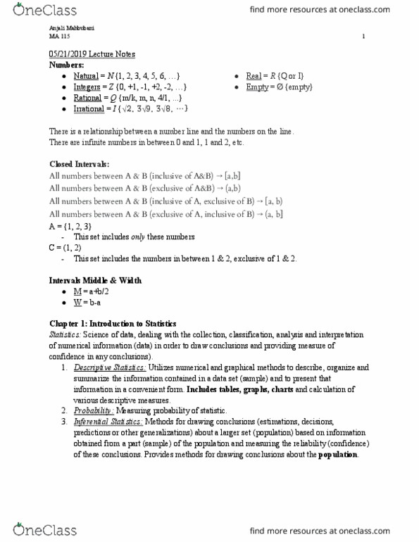 CAS MA 115 Lecture Notes - Lecture 3: Unimodality, Categorical Variable, Statistical Inference thumbnail