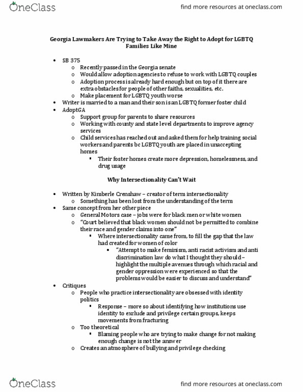 SOC 306 Chapter Notes - Chapter Intersectional Families: Sustainable Communities And Climate Protection Act Of 2008, Lgbt Parenting, Intersectionality thumbnail