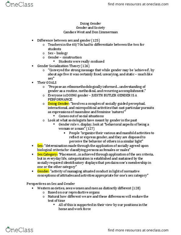 SOC 306 Chapter Notes - Chapter Zimmerman; Doing Gender: Judith Butler, Grammatical Gender, Gender Role thumbnail