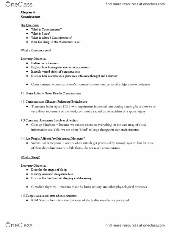 PSY 201 Chapter Notes - Chapter 4: Traumatic Brain Injury, Circadian Rhythm, Change Blindness thumbnail