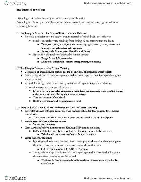 PSY 201 Chapter Notes - Chapter 1: Psychological Science, Confirmation Bias, Behavioral Neuroscience thumbnail