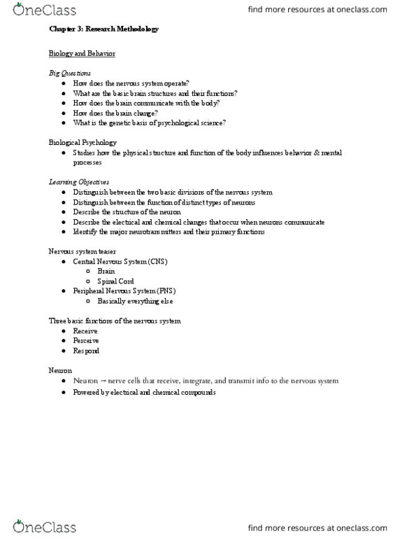 PSY 201 Lecture Notes - Lecture 3: Central Nervous System, Peripheral Nervous System, Spinal Cord thumbnail