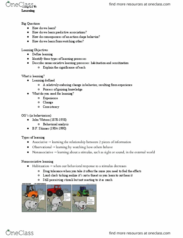 PSY 201 Lecture Notes - Lecture 6: Drug Tolerance, Learning, Big Questions thumbnail