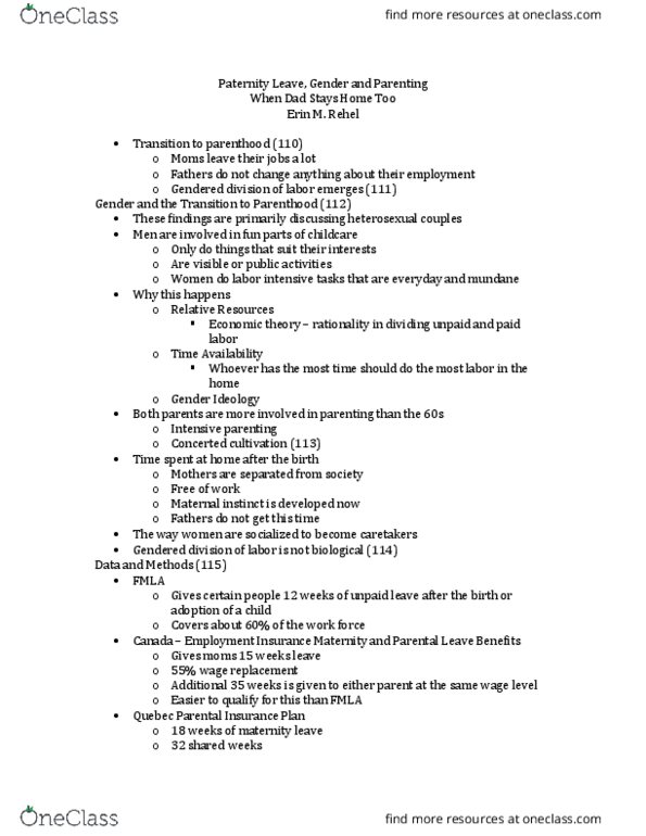 SOC 306 Chapter Notes - Chapter Paternity Leave: Concerted Cultivation, Unemployment Benefits, Takers thumbnail