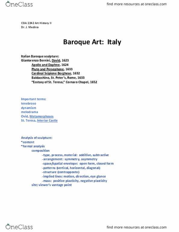 COA 2242 Lecture Notes - Lecture 2: Gian Lorenzo Bernini, Santa Maria Della Vittoria, The Interior Castle thumbnail