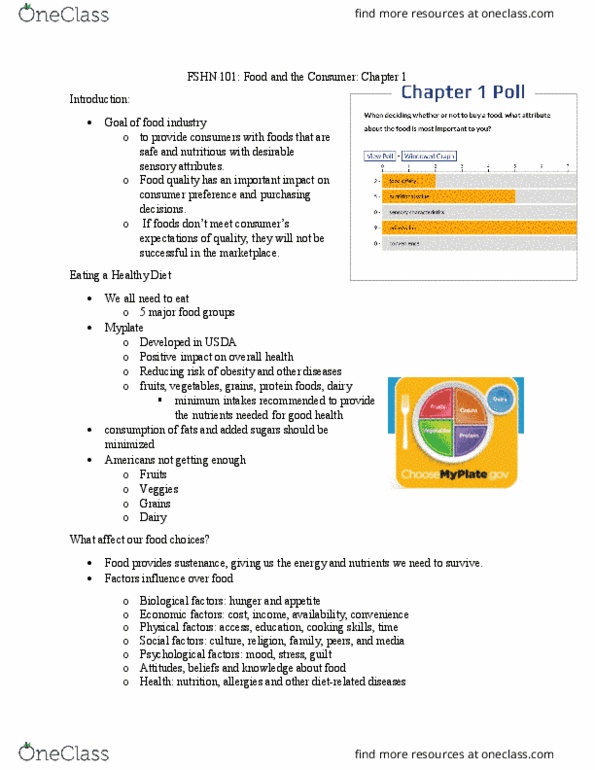 FS HN 101 Chapter Notes - Chapter 1: Myplate, Food Quality, Calorie thumbnail
