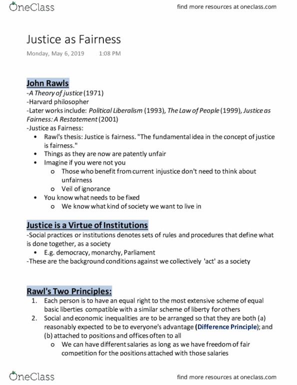 PHILOS 2G03 Lecture Notes - Lecture 1: Justice As Fairness, Political Liberalism thumbnail