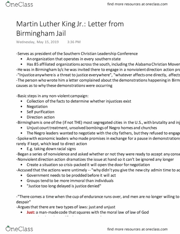 PHILOS 2G03 Chapter 6: Martin Luther King Jr. Letter from Birmingham Jail thumbnail