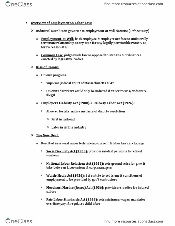 LAW 310 Lecture Notes - Lecture 1: Fair Labor Standards Act, National Labor Relations Act, Railway Labor Act thumbnail