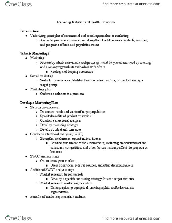 NUTR 8020 Lecture Notes - Lecture 5: Costs In English Law, Market Segmentation, Swot Analysis thumbnail