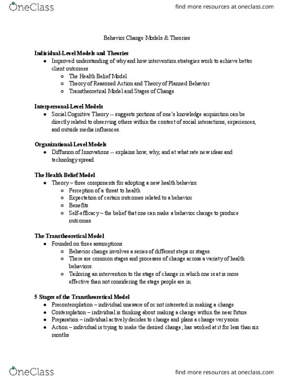 NUTR 8020 Lecture Notes - Lecture 12: Health Belief Model, Transtheoretical Model, Social Cognitive Theory thumbnail