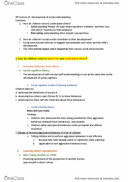 PSYC20008 Lecture Notes - Lecture 14: Social Learning Theory, Cognitive Model, Social Cognition thumbnail