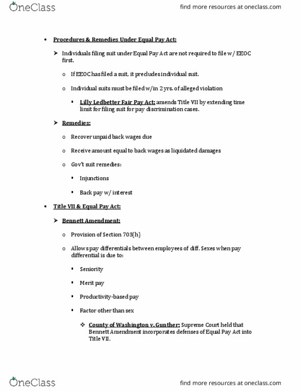 LAW 310 Lecture Notes - Lecture 19: Lilly Ledbetter Fair Pay Act Of 2009, Bennett Amendment, Civil Rights Act Of 1964 thumbnail