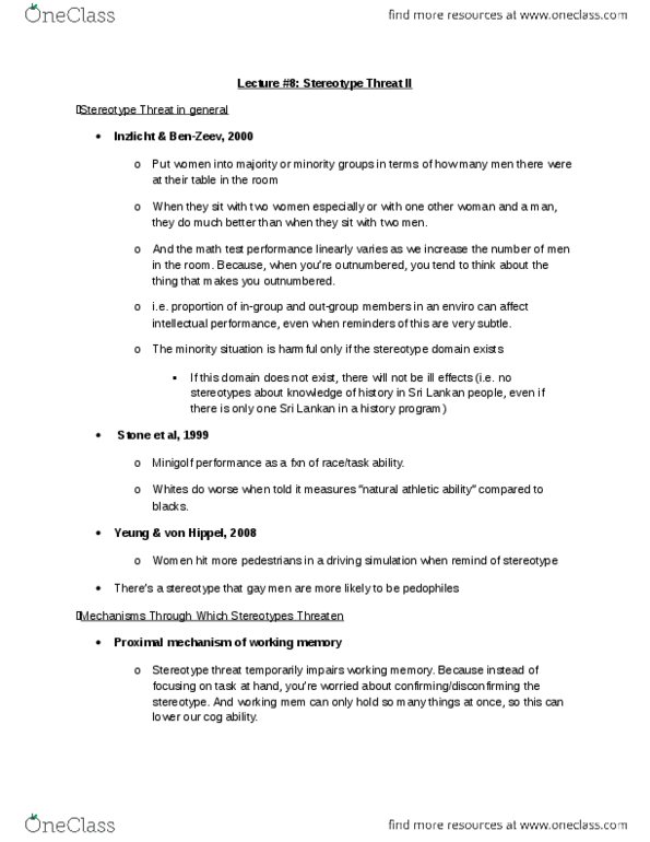 PSY100H1 Lecture Notes - Stereotype Threat thumbnail