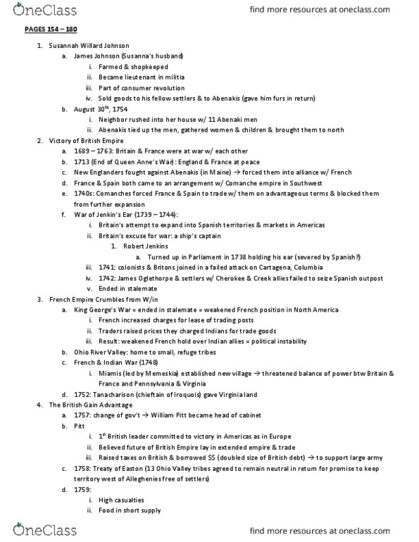 HIS 103 Chapter Notes - Chapter Textbook Pages 154-180; 201-256: Susannah Willard Johnson, French And Indian War, James Oglethorpe thumbnail